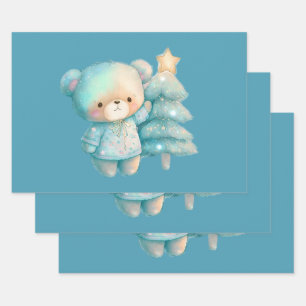 Cute Bear and Christmas Tree Holiday Wrapping Paper Sheet