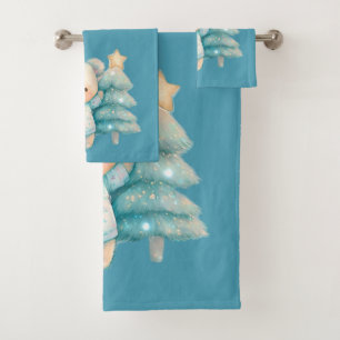 Cute Bear and Christmas Tree Teal Holiday  Bath Towel Set