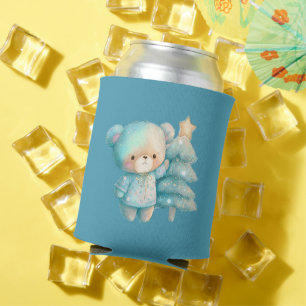 Cute Bear and Christmas Tree Teal Holiday Can Cooler
