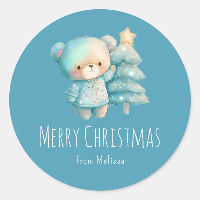 Cute Bear and Christmas Tree Teal Holiday Classic Round Sticker (Front)