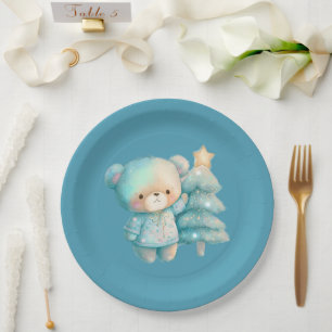 Cute Bear and Christmas Tree Teal Holiday Paper Plate