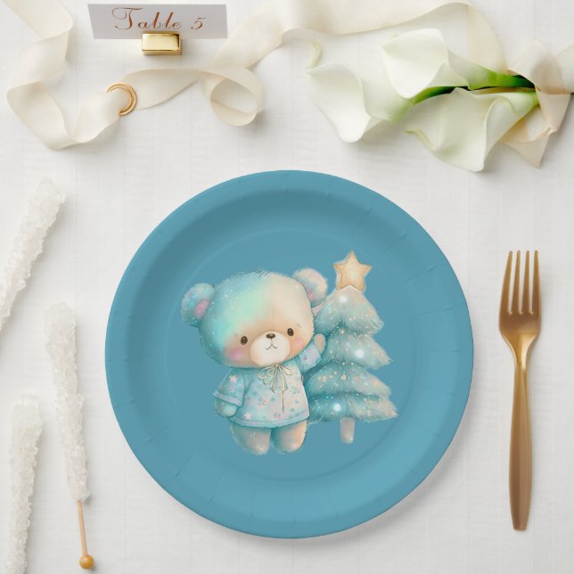 Cute Bear and Christmas Tree  Teal Holiday Paper Plate (Wedding)