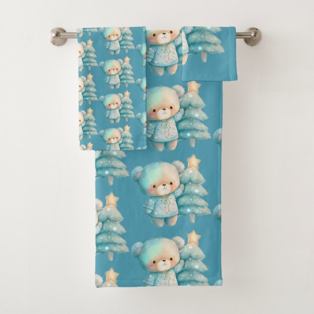 Cute Bear and Christmas Tree Teal Holiday Pattern Bath Towel Set (Insitu)
