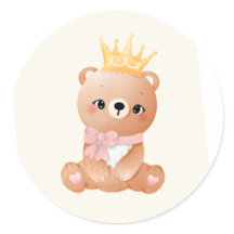 Cute bear and crown classic round sticker