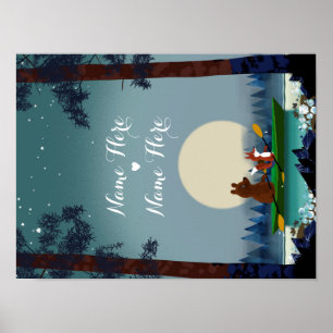 Cute Bear and Fox kayaking on a wild forest river Poster