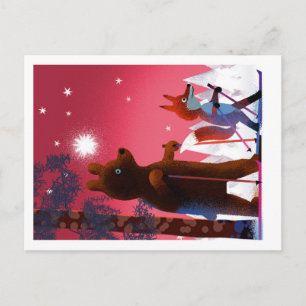 Cute Bear and Fox skiing under stars in a forest Postcard