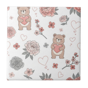 Cute Bear and Hearts -- Pastel Nursery (12) Tile