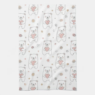 Cute Bear and Hearts -- Pastel Nursery (1) Kitchen Towel