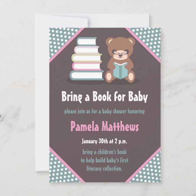 Cute Bear Apportez un livre Baby Shower Invitation (Devant)