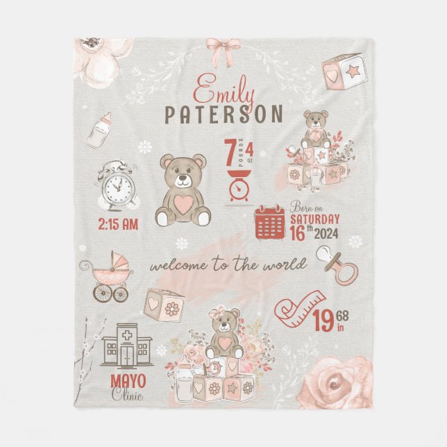 Cute Bear Baby Girl Birth Stats Saumon Grey Fleece Blanket (Front)