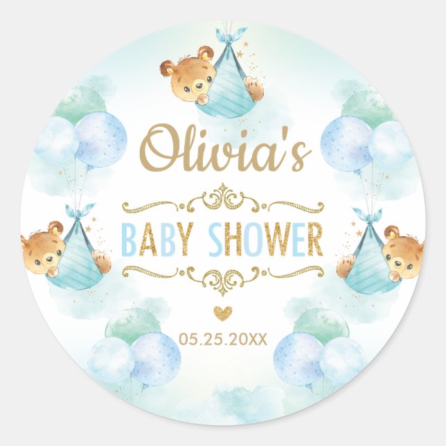 Cute Bear Baby Shower Boy Thank You Favour Classic Round Sticker (Front)