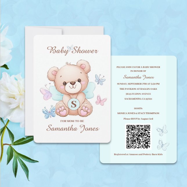 Cute Bear Baby Shower Invitation with QR Code (Create personalized baby shower invitations featuring a cute bear and butterflies.)