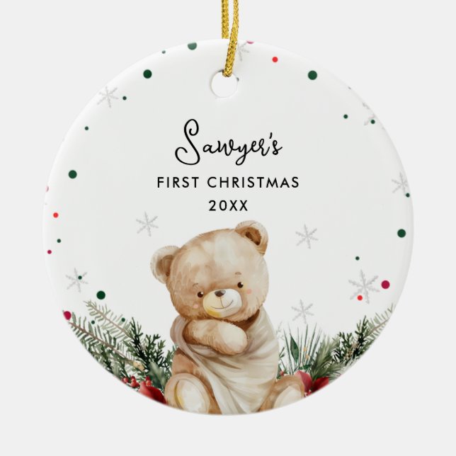 Cute Bear Baby's First Christmas Ceramic Ornament (Front)