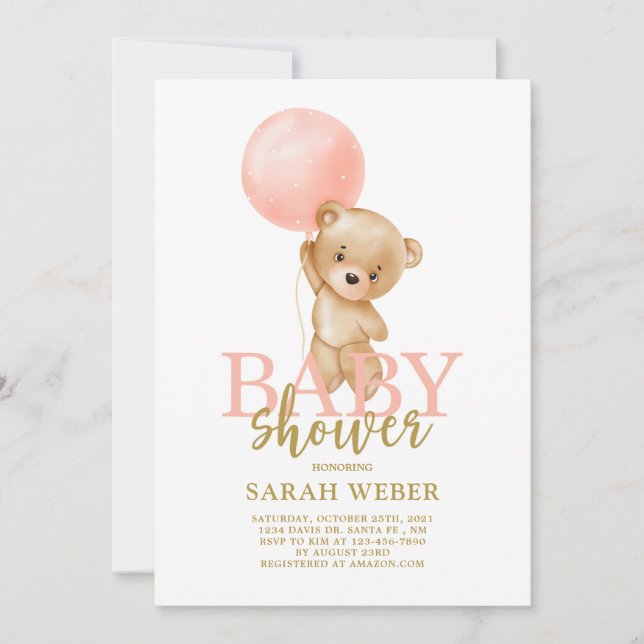 Cute bear balloon baby shower girl invitation (Front)
