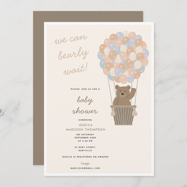 Cute Bear Balloons Gender Neutral Baby Shower  Invitation (Front/Back)
