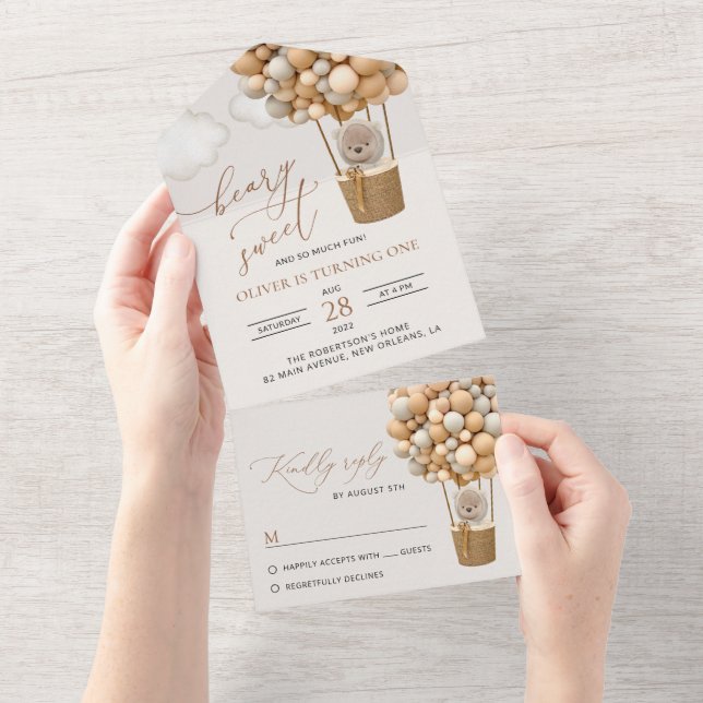 Cute Bear, Beige Balloons, First Birthday All In One Invitation (Tearaway)