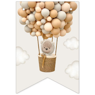 Cute Bear, Beige Balloons, First Birthday Bunting Flags