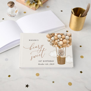Cute Bear, Beige Balloons, First Birthday Guest Book