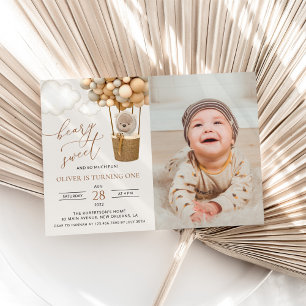 Cute Bear, Beige Balloons, First Birthday Invitation