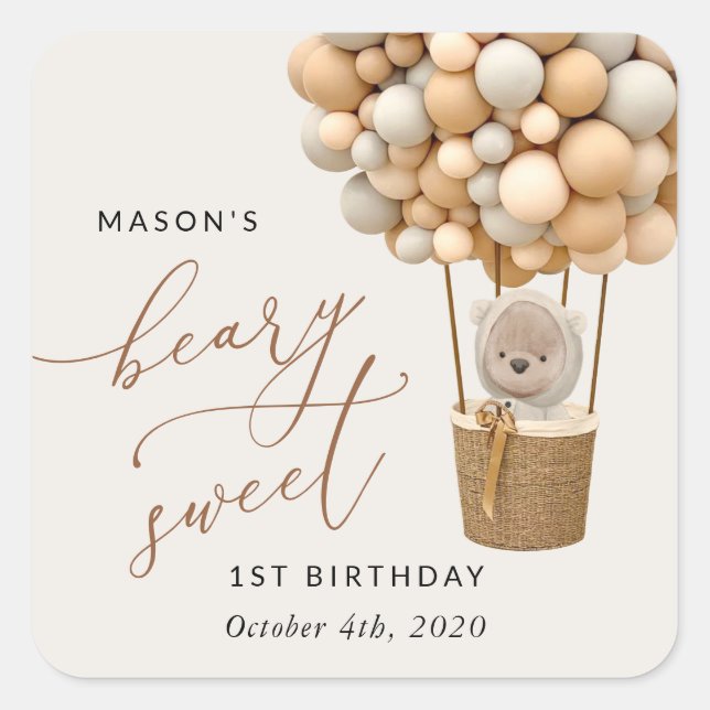 Cute Bear, Beige Balloons, First Birthday Square Sticker (Front)