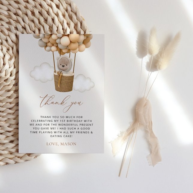 Cute Bear, Beige Balloons, First Birthday Thank You Card (Creator Uploaded)