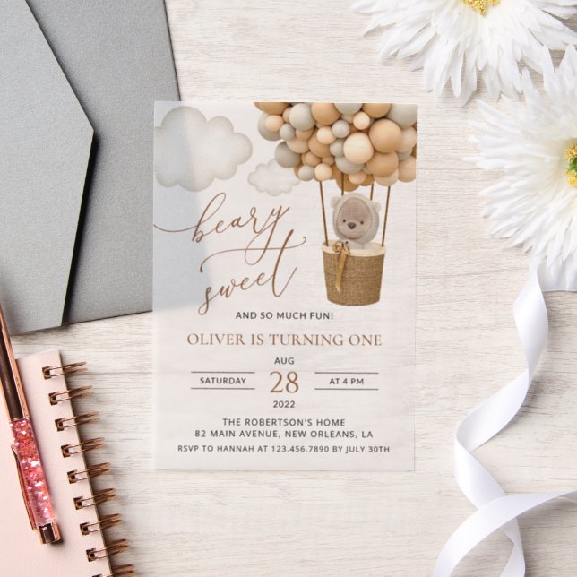 Cute Bear, Beige Balloons, First Birthday Vellum Invitations (Wedding)