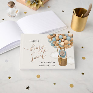 Cute Bear, Blue Balloons, First Birthday Guest Book