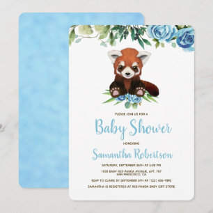 Cute Bear Blue Floral Greenery Baby Shower Invitation