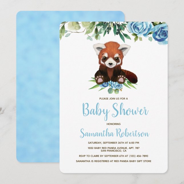 Cute Bear Blue Floral Greenery Boy Baby Shower Invitation (Front/Back)