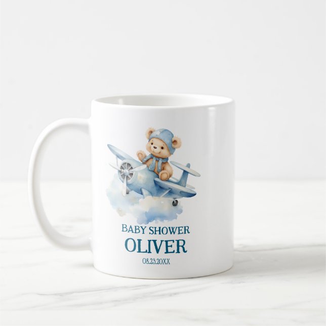 Cute Bear Blue Plane Time Flies One 1st Birthday Coffee Mug (Left)