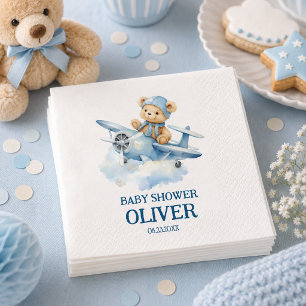 Cute Bear Blue Plane Time Flies One 1st Birthday Napkin