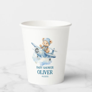 Cute Bear Blue Plane Time Flies One 1st Birthday Paper Cups