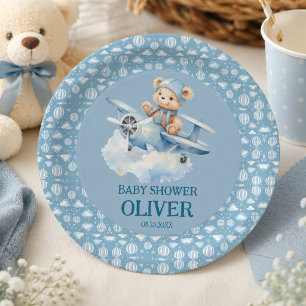 Cute Bear Blue Plane Time Flies One 1st Birthday Paper Plate