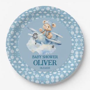 Cute Bear Blue Plane Time Flies One 1st Birthday Paper Plate