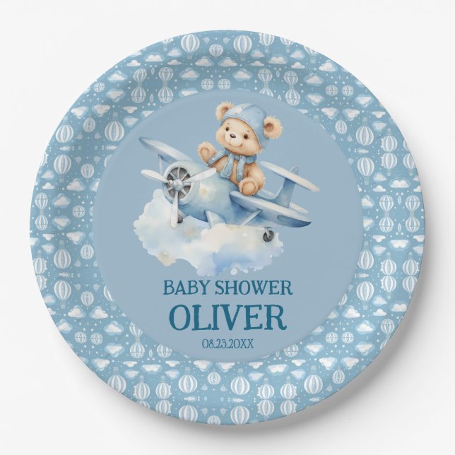 Cute Bear Blue Plane Time Flies One 1st Birthday Paper Plate (Front)