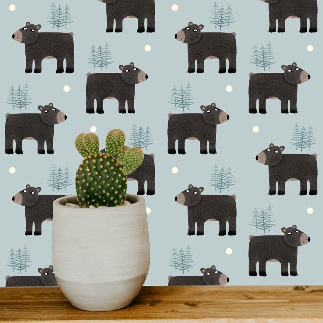 Cute Bear Blue Wallpaper (Bear Trees Moon woodland forest cute art wallpaper for nursery and kids rooms)