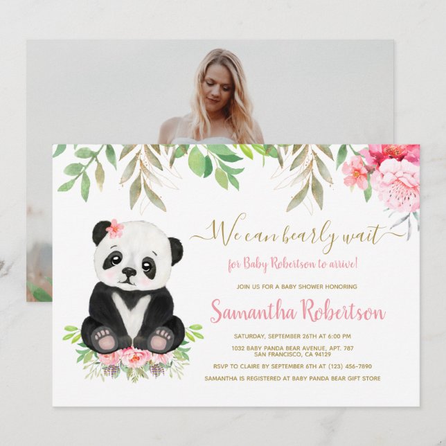 Cute Bear Blush Pink Floral Baby Shower Photo Invitation (Front/Back)