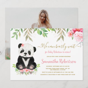 Cute Bear Blush Pink Floral Baby Shower Photo Invitation