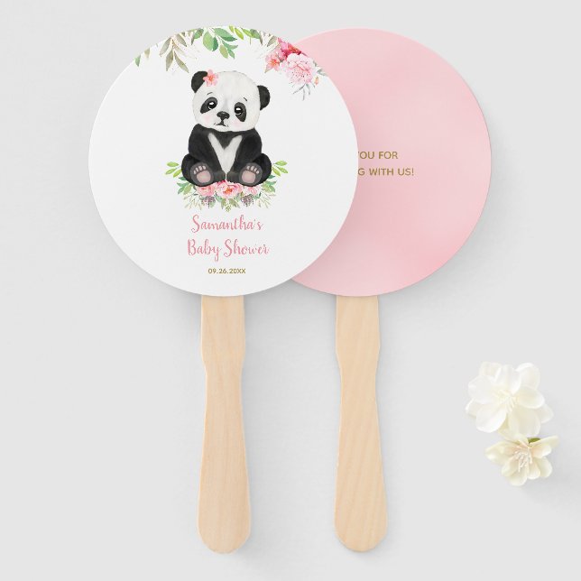 Cute Bear Blush Pink Greenery Girl Baby Shower Hand Fan (Front and Back)
