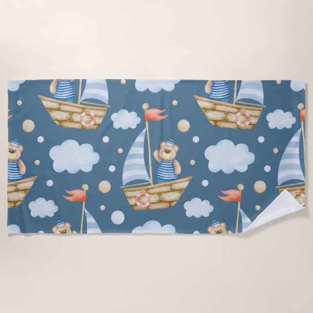 Cute Bear Boat Beach Towel (Front)