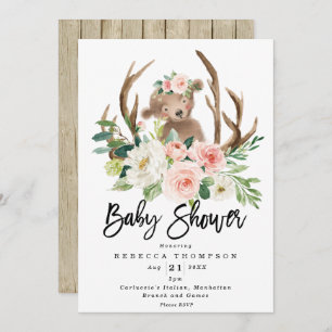 cute bear boho floral modern baby shower invitation