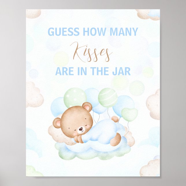 Cute Bear Boy Baby Shower How Many Kisses Sign (Front)