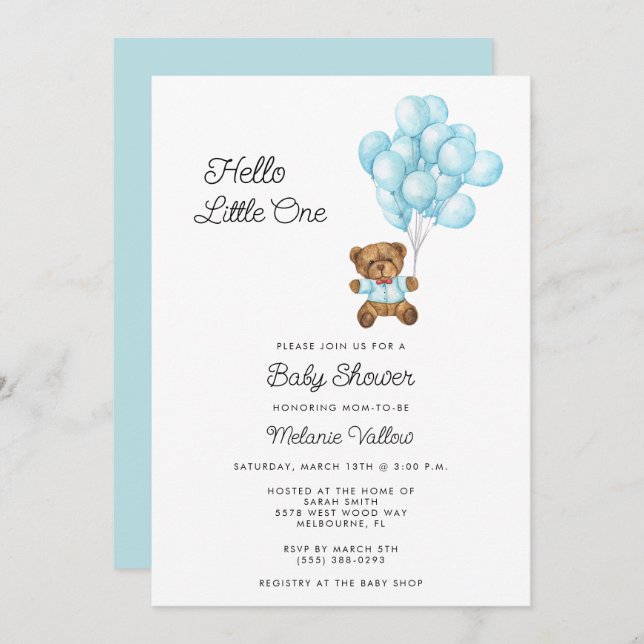 Cute Bear Boy Blue Baby Shower Invite (Front/Back)