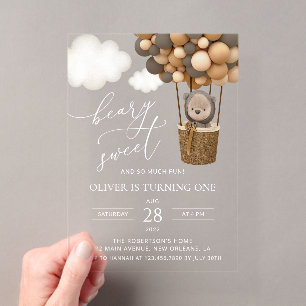 Cute Bear, Brown Balloons, First Birthday Acrylic Invitations