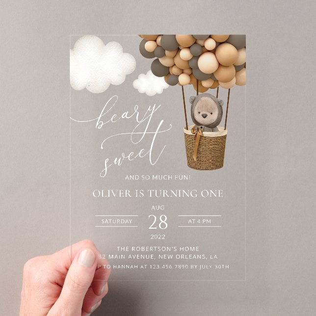 Cute Bear, Brown Balloons, First Birthday Acrylic Invitations (Insitu (Handheld))