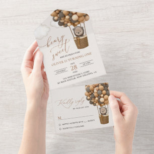 Cute Bear, Brown Balloons, First Birthday All In One Invitation