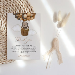 Cute Bear, Brown Balloons, First Birthday Thank You Card