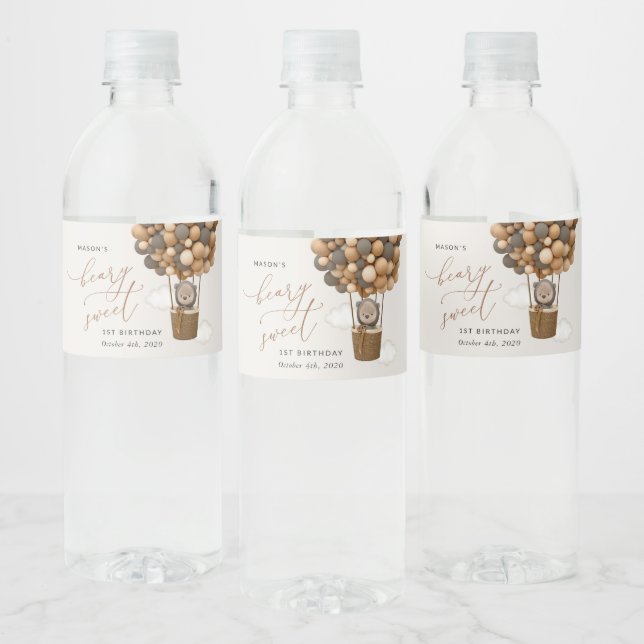 Cute Bear, Brown Balloons, First Birthday Water Bottle Label (Bottles)