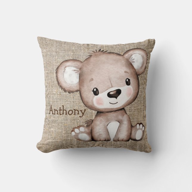 Cute Bear Burlap Rustic Name Watercolor  Throw Pillow (Front)