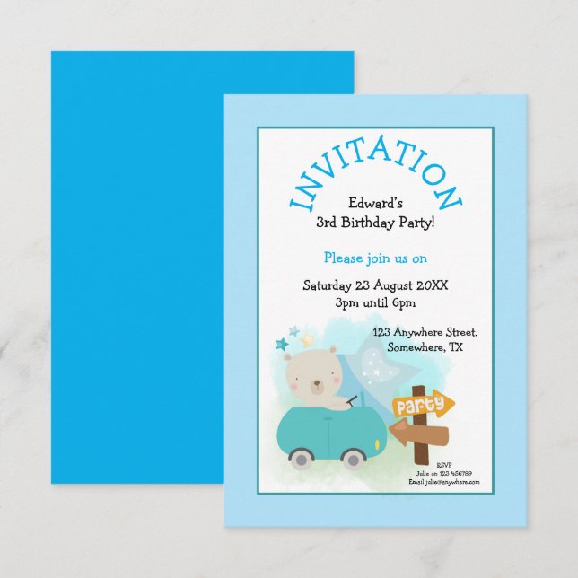 Cute Bear Car Boy 3rd Birthday Party Blue Invitation (Front/Back)
